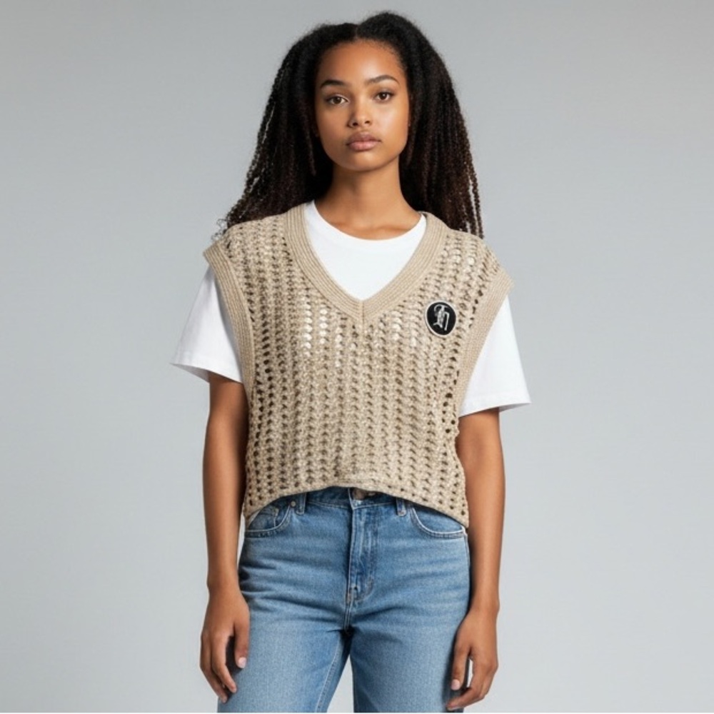 Honor The Gift Crochet Sweater Vest Women’s L Sand Open Knit NWT